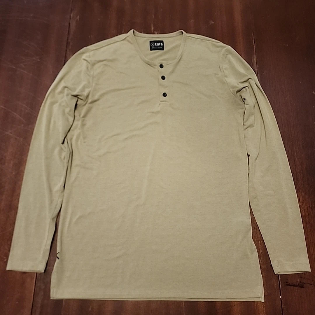 Cuts Split Hem Army Green Y2K Mens 3 Button Henley Long Sleeve Shirt Grunge Med