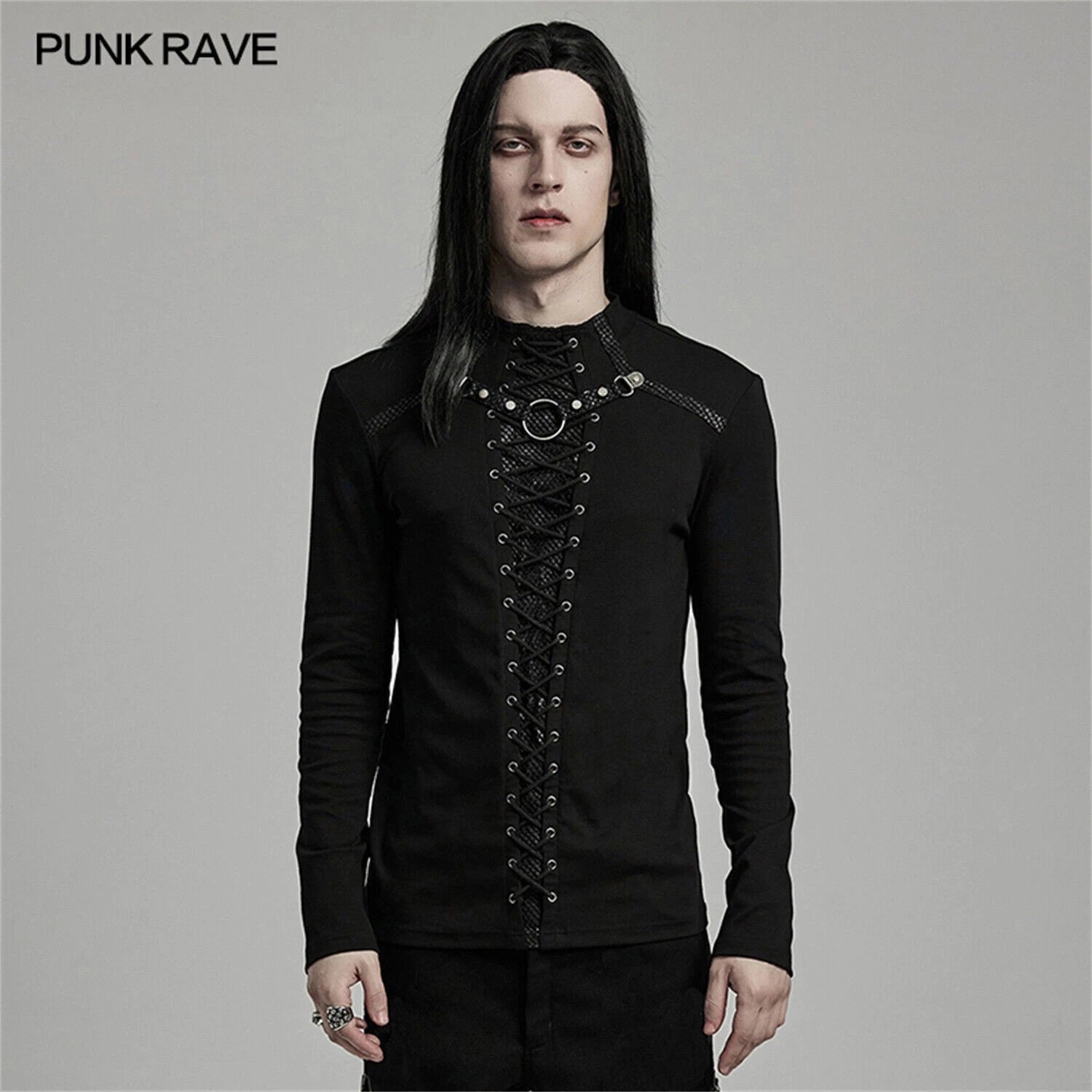 PUNK RAVE Black Cyberpunk Gothic Punk Mesh Splicing Long Sleeve T-Shirt Men Top