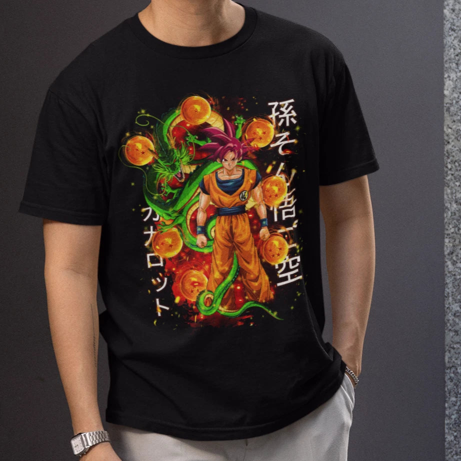 Goku Super Saiyan God Red Hair T-Shirt | Dragon Ball Anime Graphic