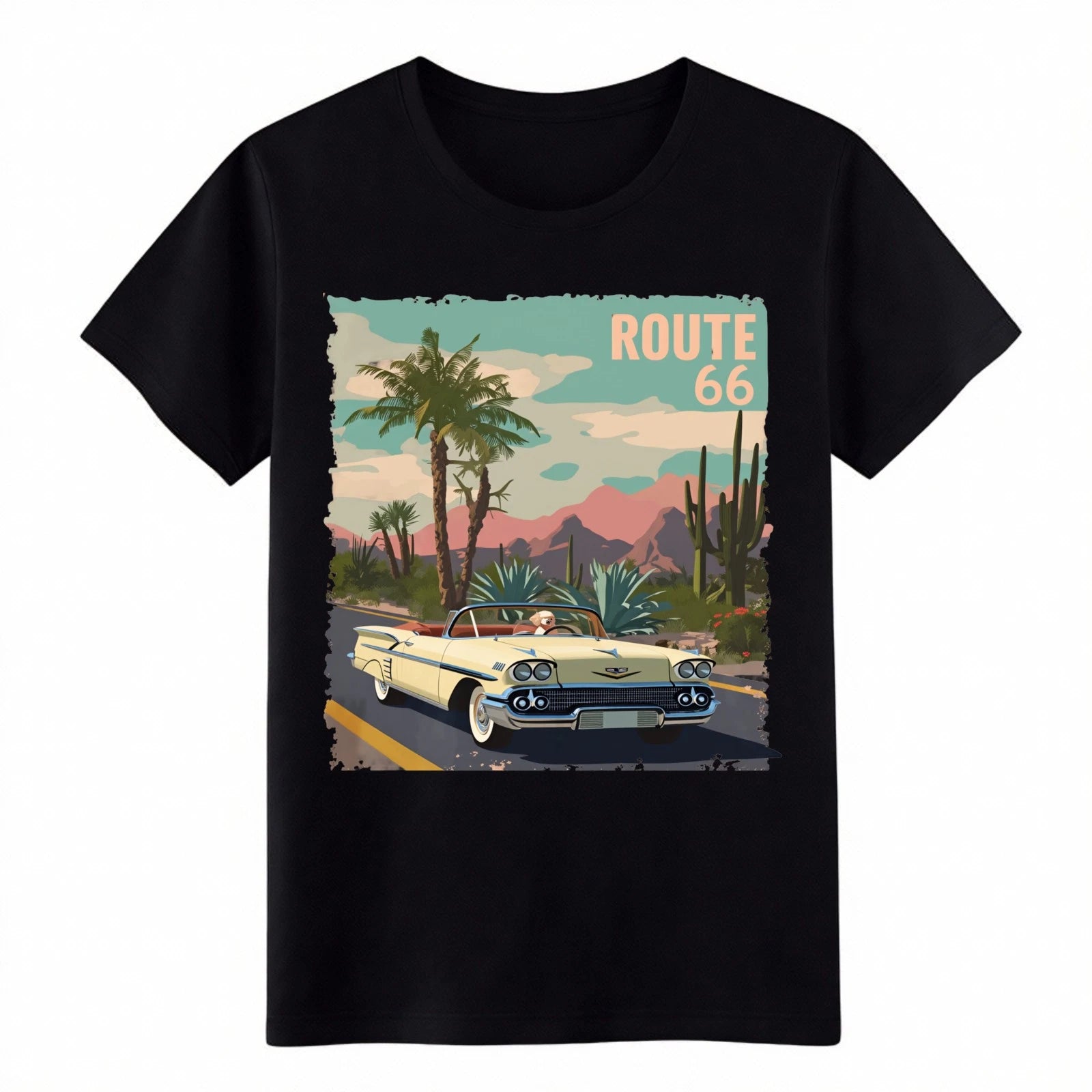 Route 66 Classic Convertible T-Shirt -Retro Desert Highway Road Trip Graphic Tee