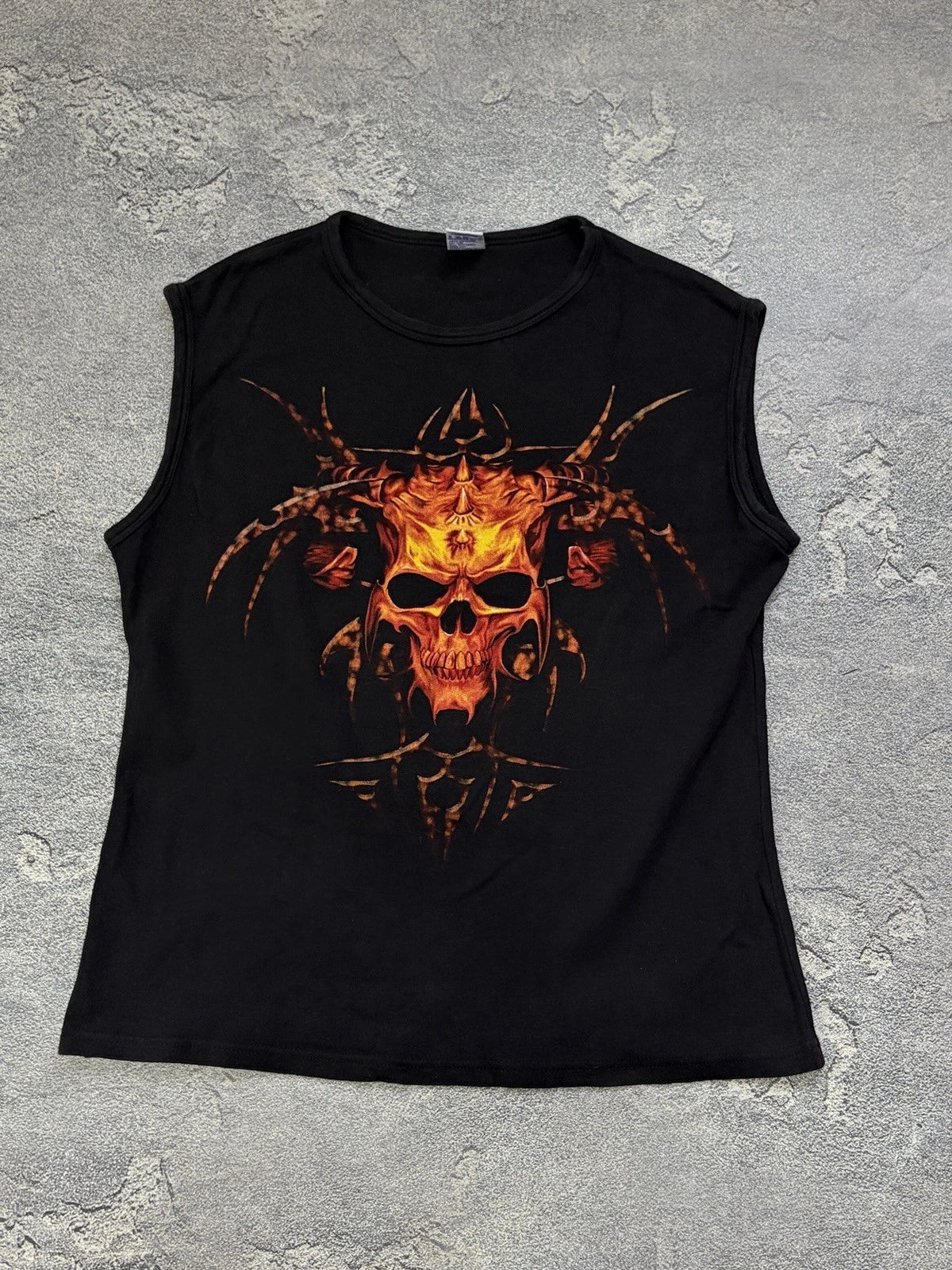 Vintage Flaming Skull Sleeveless T-Shirt L/XL Fan Shirt Y2K Biker Metal Tank Top