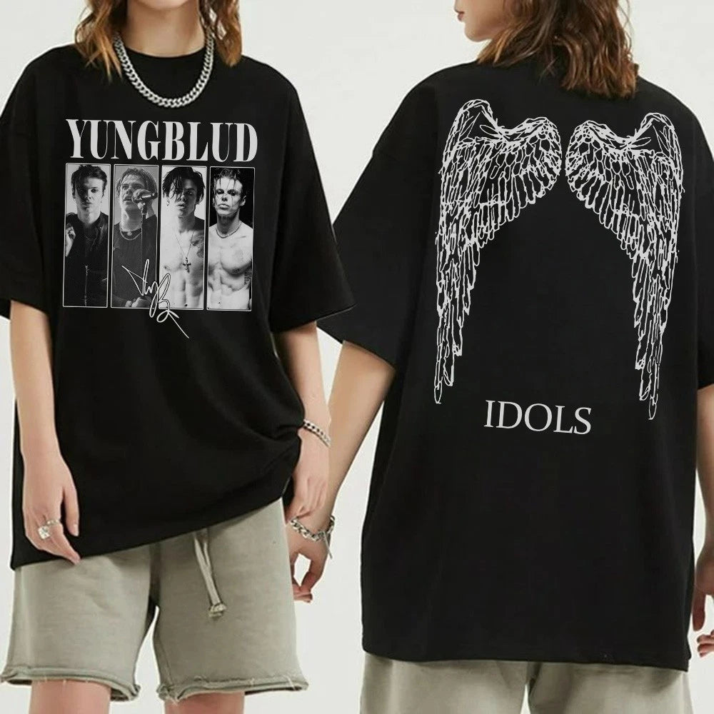 Yungblud Idols T Shirt Angel Wings Back Print Graphic Concert Merch Black Tee