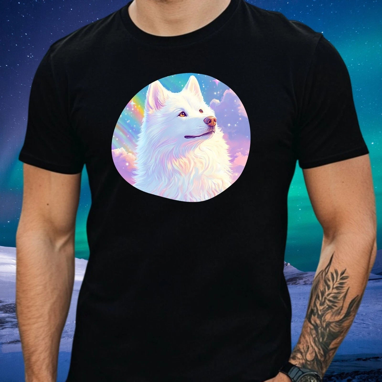 Mens Samoyed Holographic Motif Cotton T-Shirt Size XS to 5XL