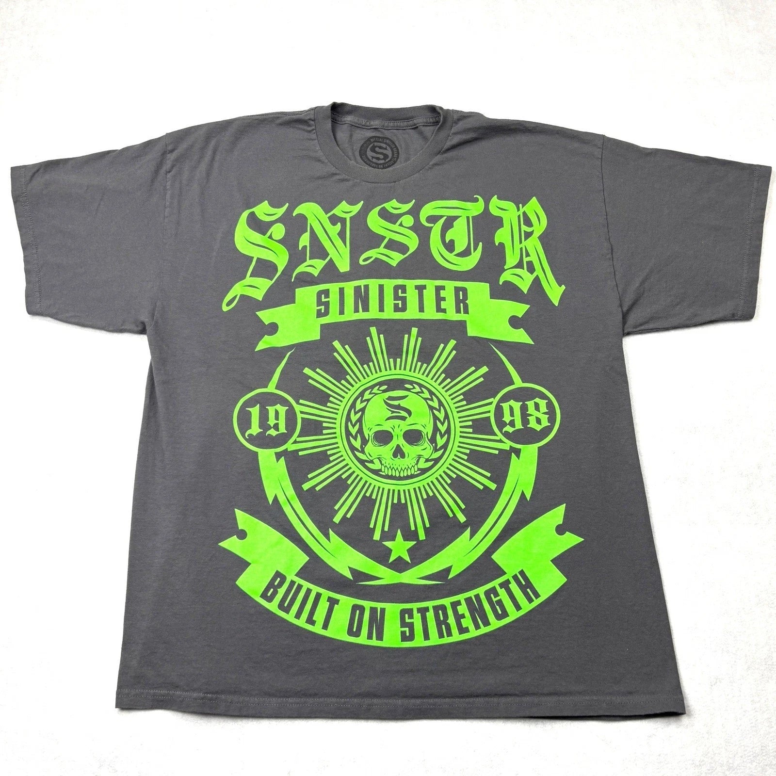 Sinister Brand Mens T-Shirt 2XL Gray Neon Green Skull SNSTR Built On Strength T