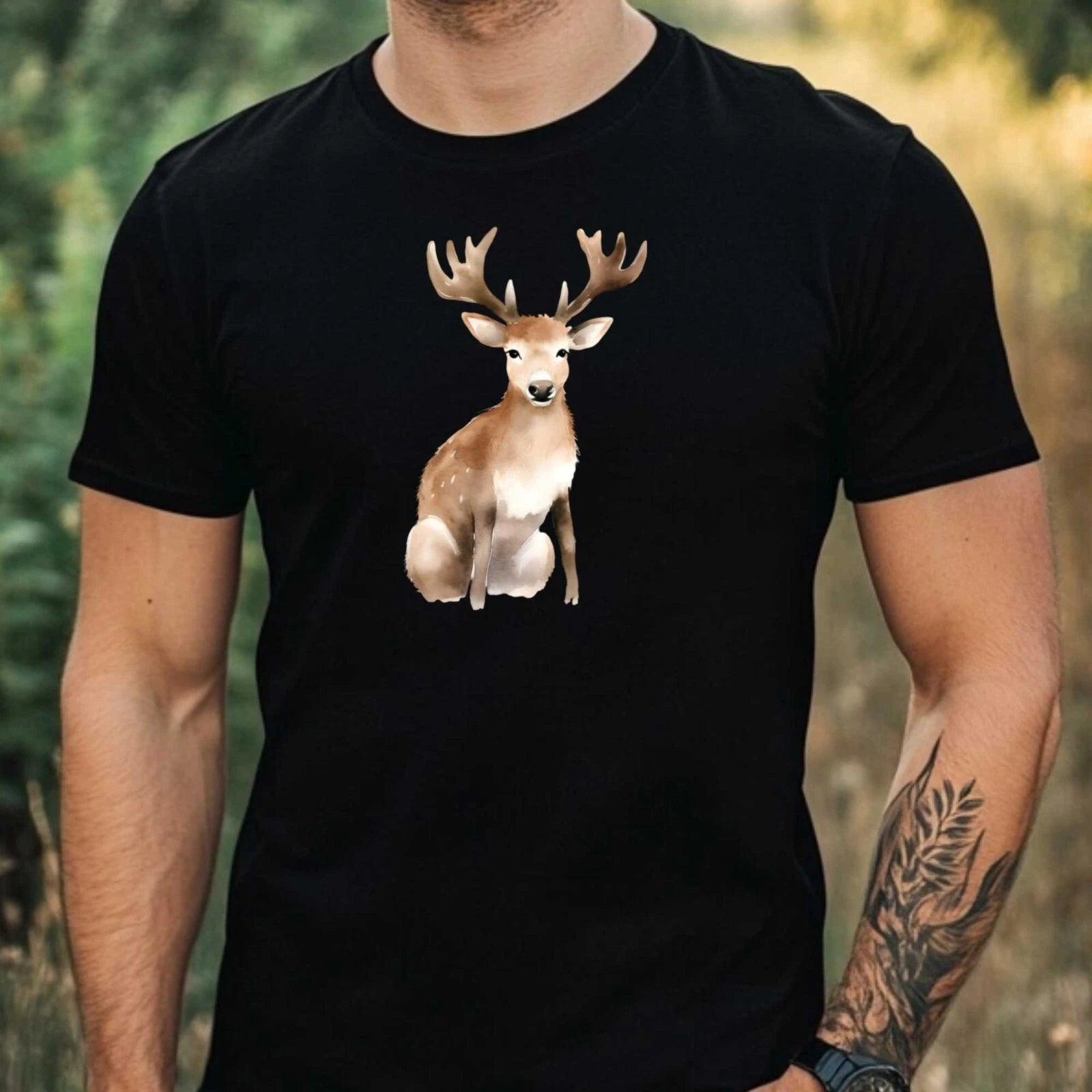 Mens Watercolour Reindeer Print Cotton T-Shirt Size XS to 5XL