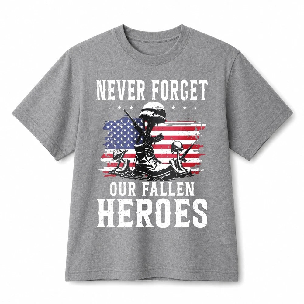 Never Forget Our Fallen Heroes Memorial Patriotic Retro Graphic Cotton T-Shirt