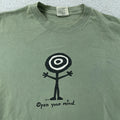 Vintage Open Your Mind T-Shirt Mens XL Stick Figure Art Hippy Sage Green 90s