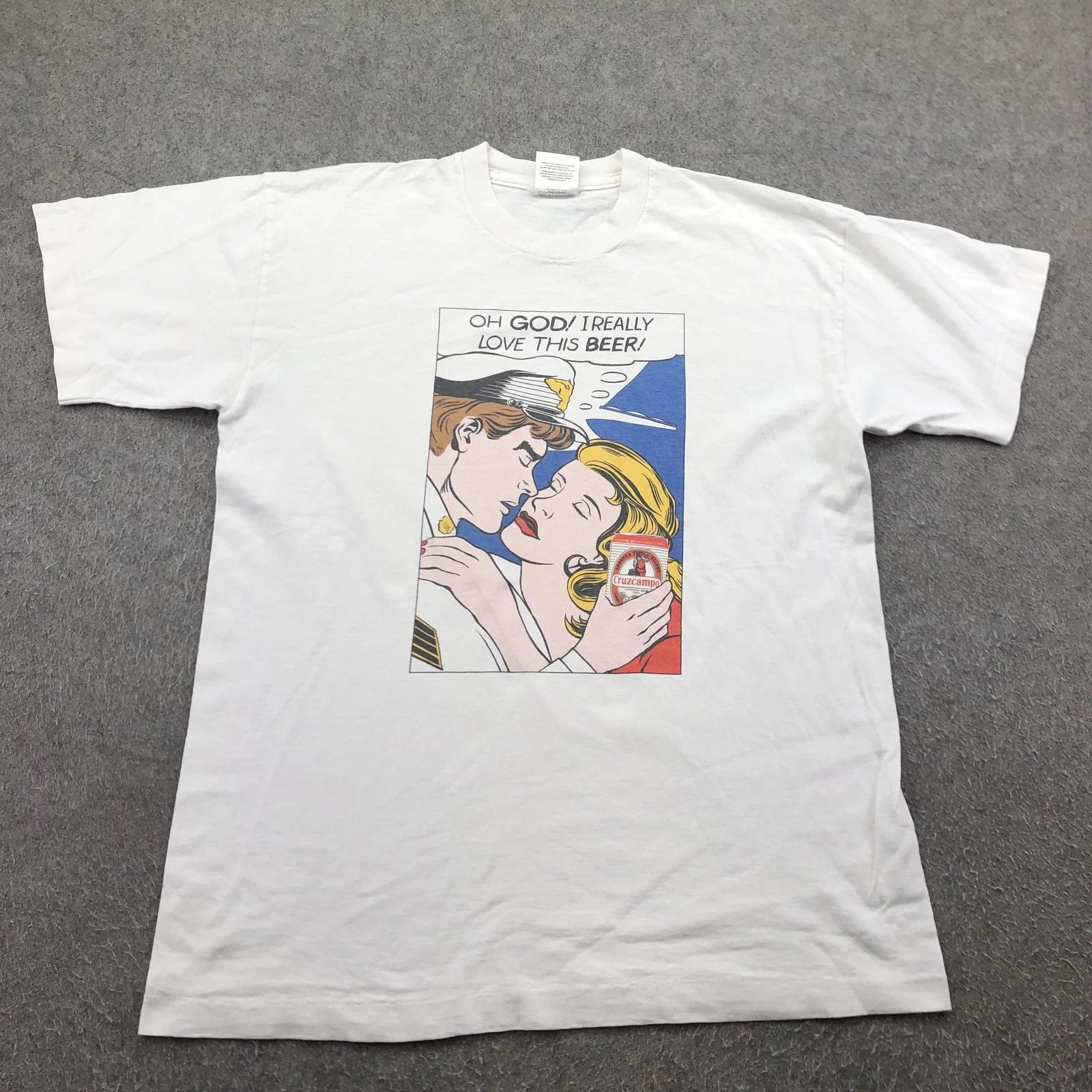 Vintage Cruzcampo Beer Shirt Mens Large White Fruit Of The Loom Pop Art Graphic