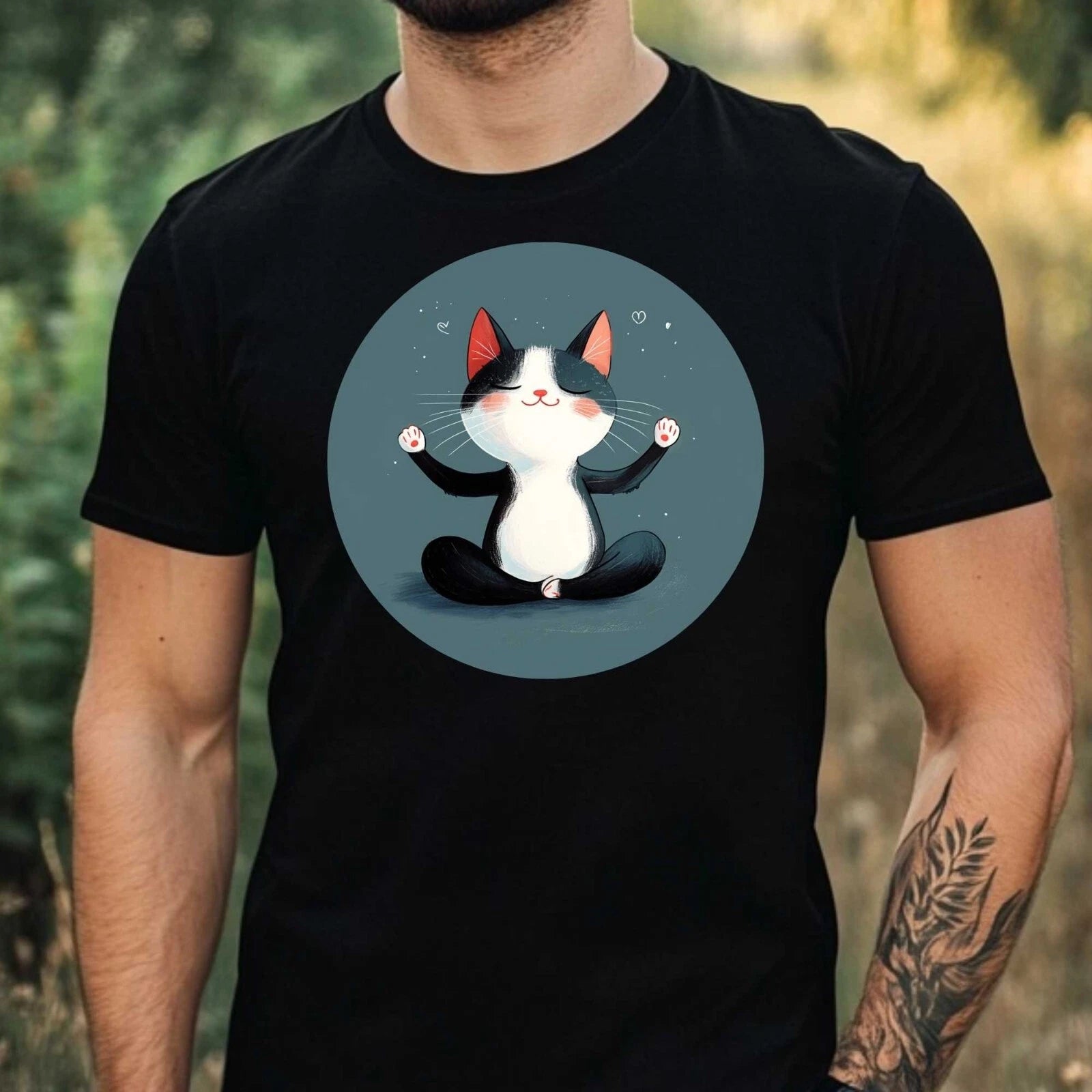 Mens Funny Cat Yoga Theme Cotton T-Shirt Size XS to 5XL