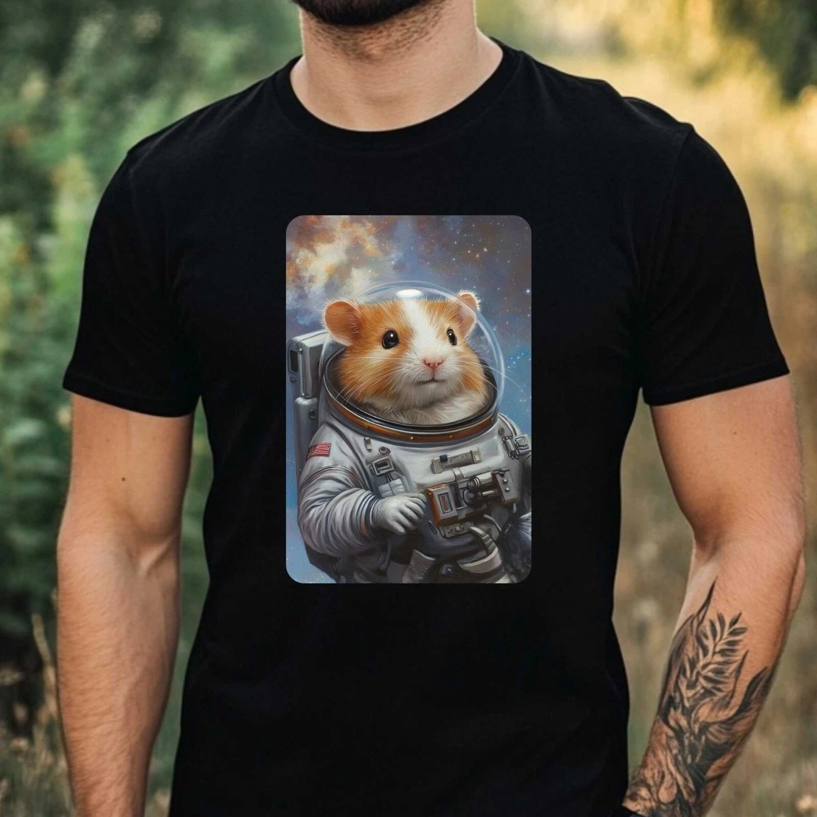 Mens Hamster as Astronaut Motif Cotton T-Shirt Size XS to 5XL