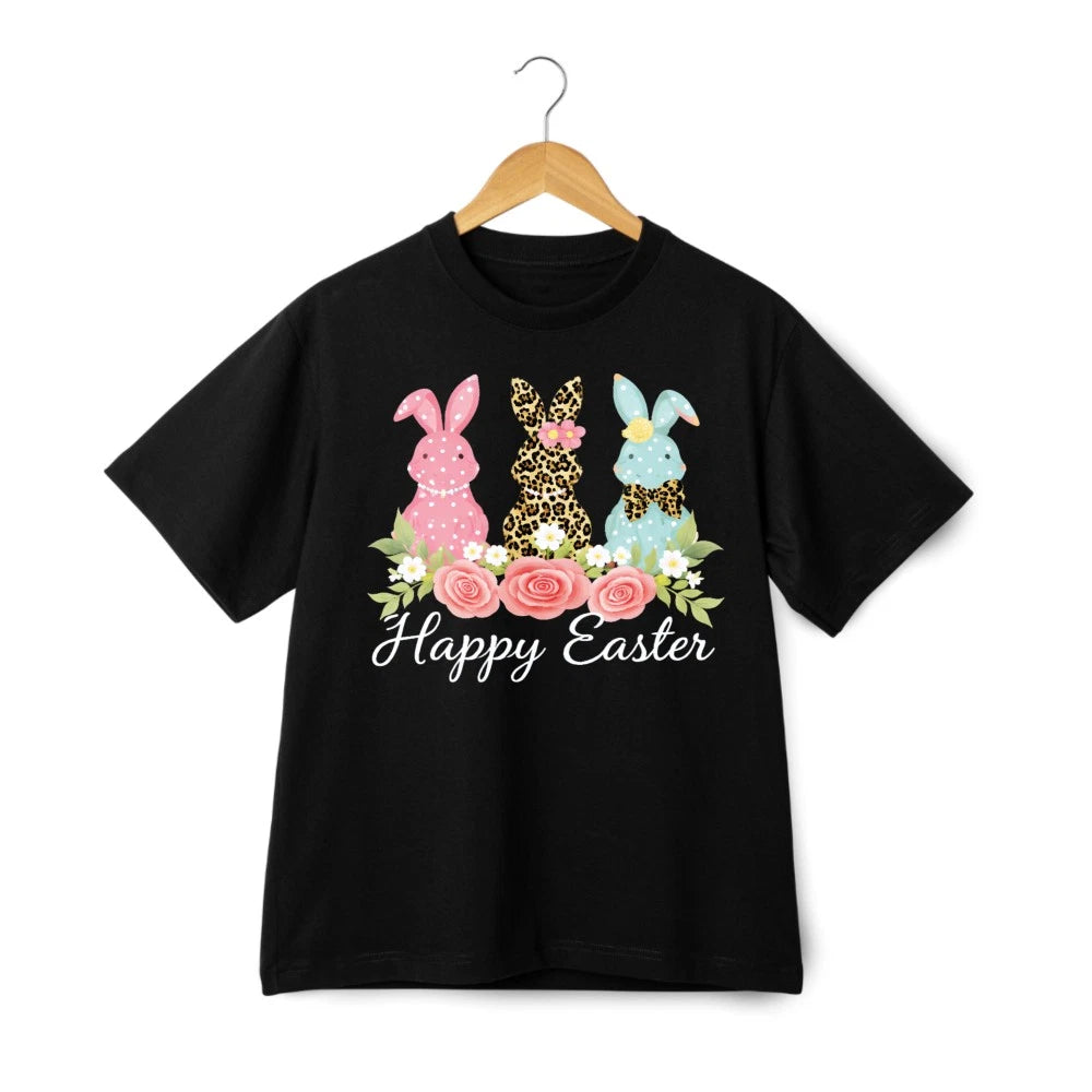 Happy Easter Trio Bunny Tee Floral Accent Casual Cotton T-Shirt for Men Women
