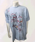 Vintage Y2K Artful Dodger Skull Knife Full Print Tee 2XL Light Blue