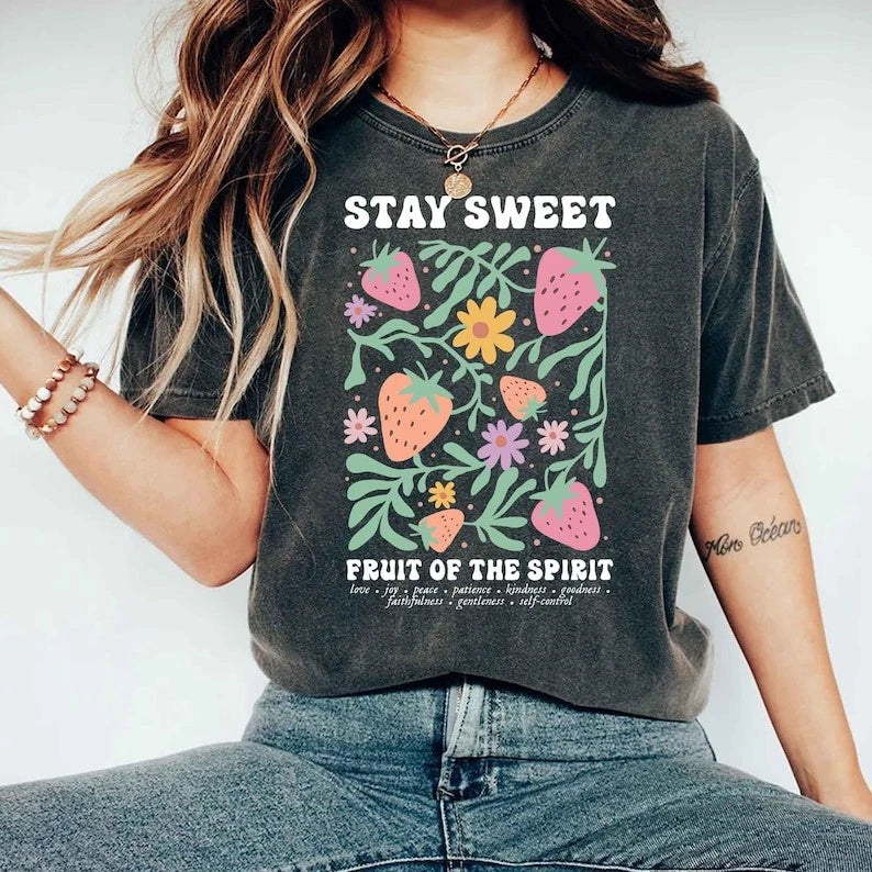 Boho Christian Strawberry Shirt Fruits of the Spirit Bible Verse Shirt Retro Jes