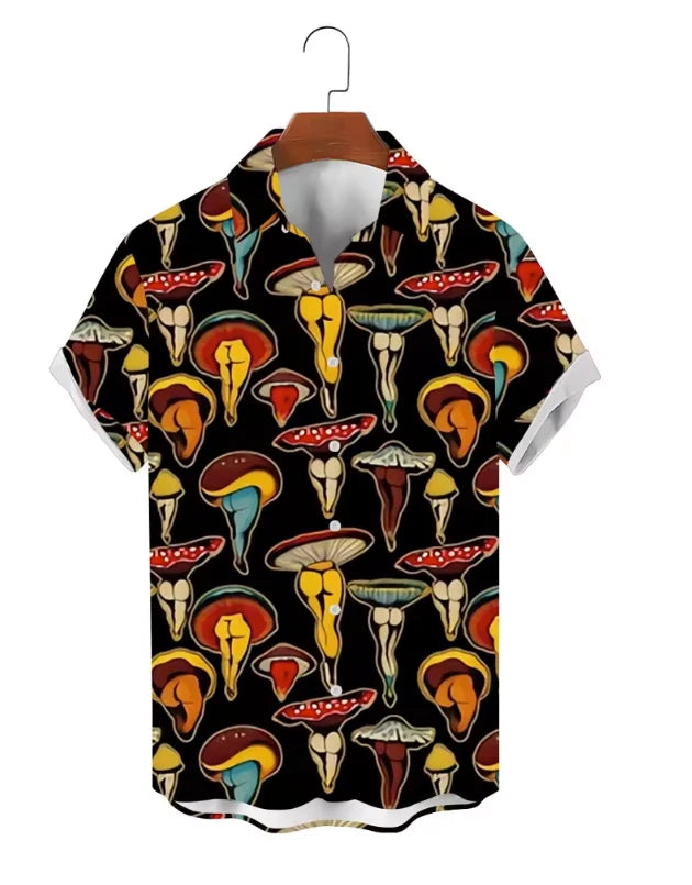 Mens Button Down Shirts Funny Mushroom Bottom Printed Hawaiian Tops Novelty Ugly