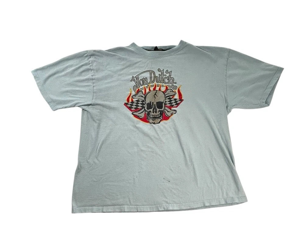 Von Dutch Shirt Mens 2XL Blue Skull Flame Flying Eyeball Y2K Biker Skater Grunge