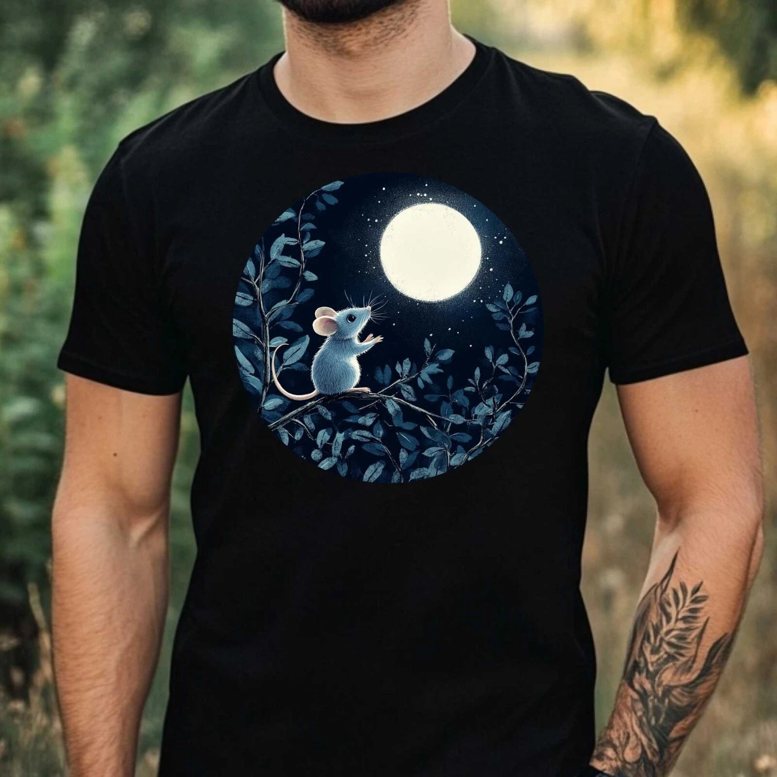 Mens Mouse In The Moonlight Motif Cotton T-Shirt Size XS to 5XL
