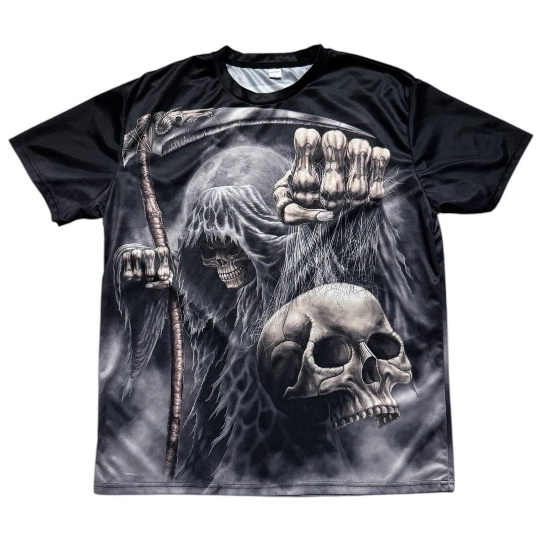 Y2K Mesh ‘Love Hate’ AOP Skull Grim Reaper Graphic Shirt Jersey