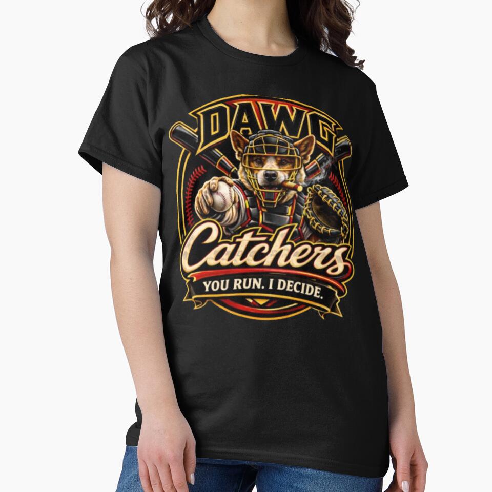 Funny Baseball Catcher Dog Shirt, Cartoon Baseball Dog, Sports Humor Gift, Dog Lover Tee by Red Cash