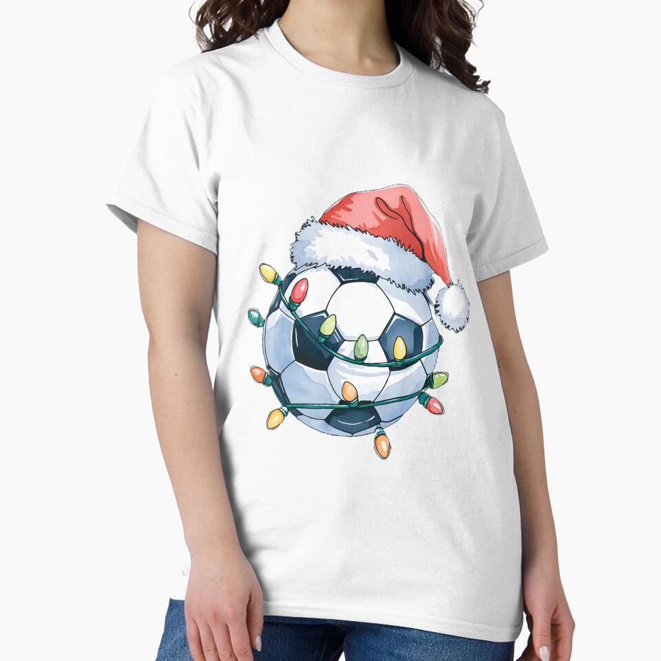Watercolor Soccer Ball Wearing Santa Hat Warraped By Christmas Lights by clothesy7