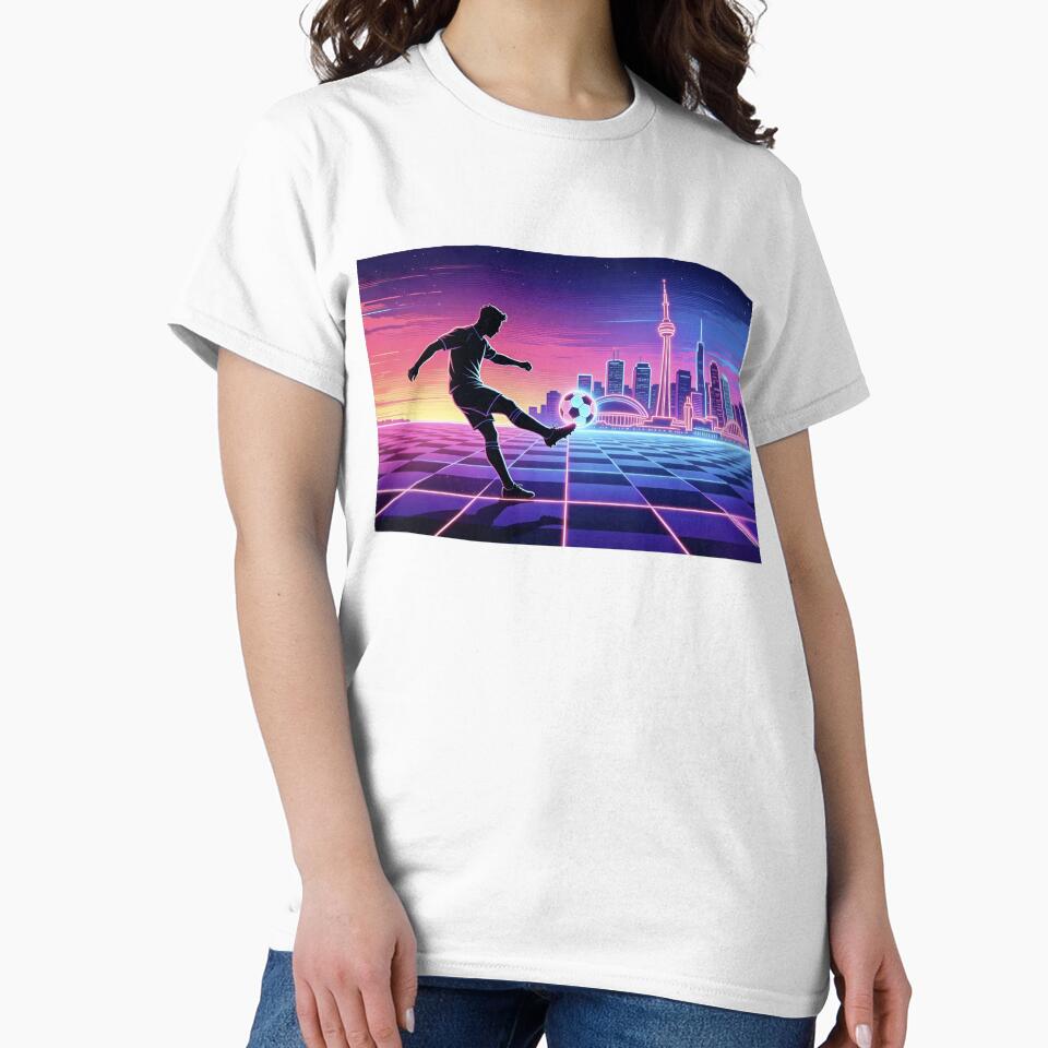 Neon Soccer Player Silhouette Retro City Skyline Sports T-Shirt by DreamyTupelo