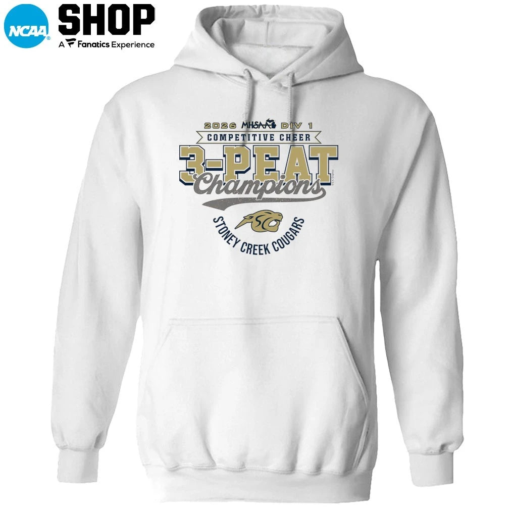 Stoney Creek Cougars 2026 MHSAA DIV 1 Competitive Cheer 3-Peat Champions T-Shirt