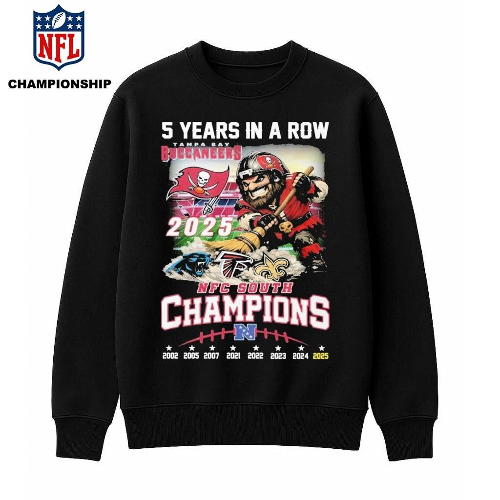 Tampa Bay Buccaneers 2025 NFC South Champions 5 Years In A Row Shirt