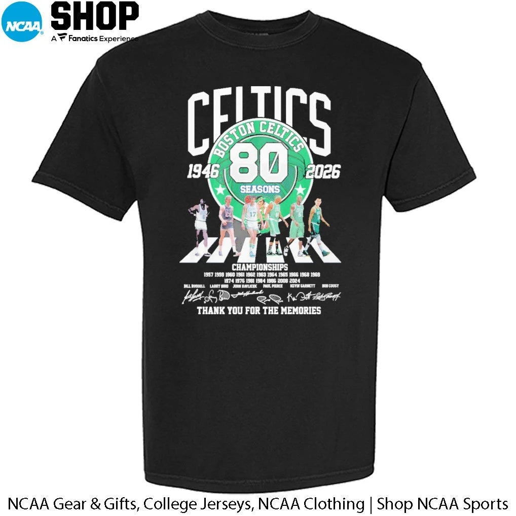 The Boston Celtics 80 Seasons 1946-2026 Abbey Road Champions Thank You For The Memories Signatures T-Shirt