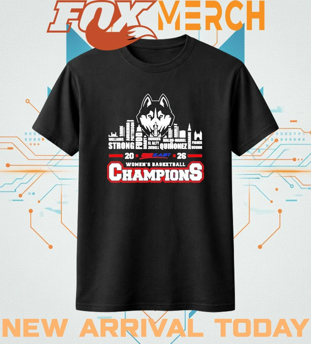 Uconn Huskies 2026 Big East Women’s Basketball Tournament Champions city skyline t-shirt