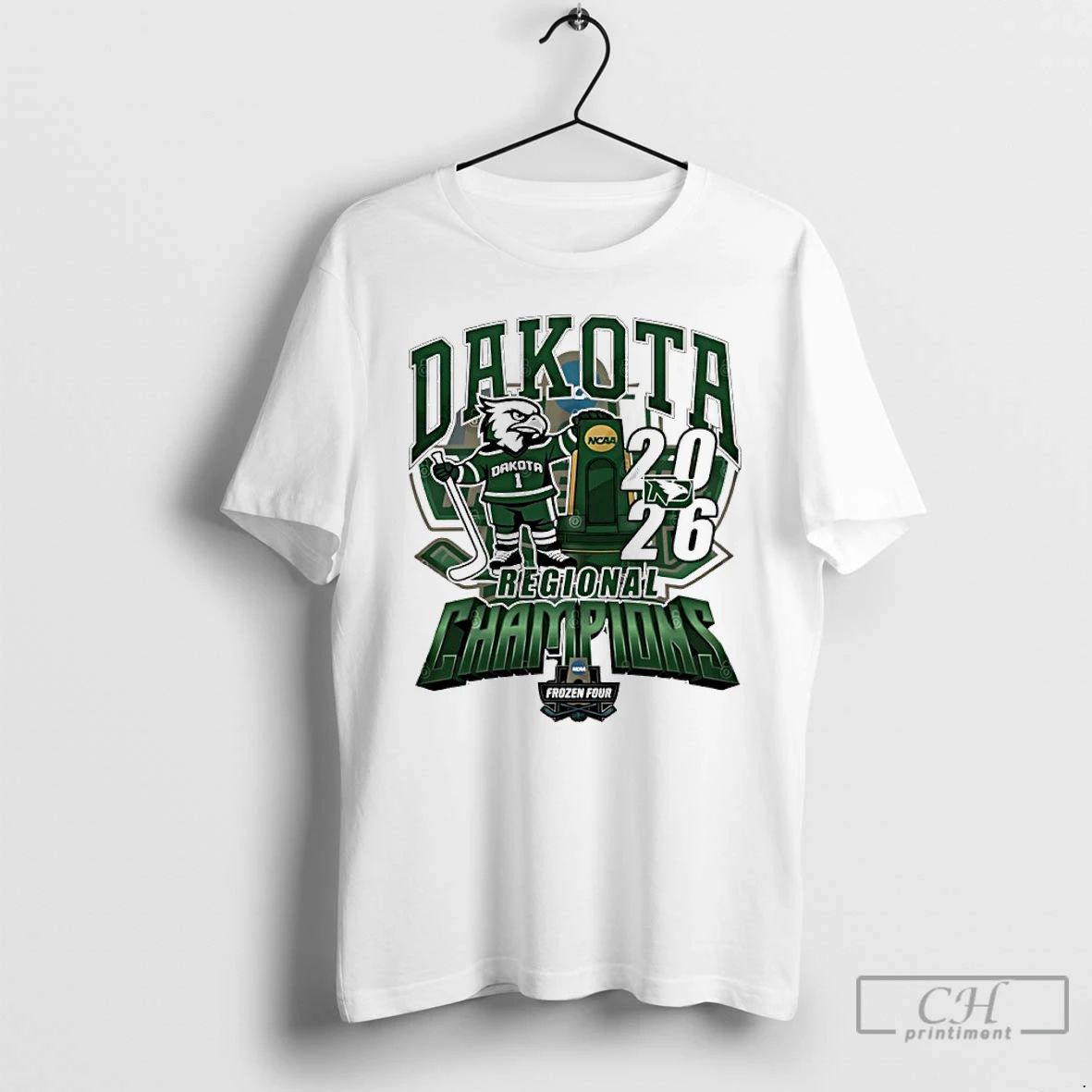 Premium North Dakota Fighting Hawks 2026 Ncaa Mens Hockey Regional Champions Mascot Trophy T Shirts