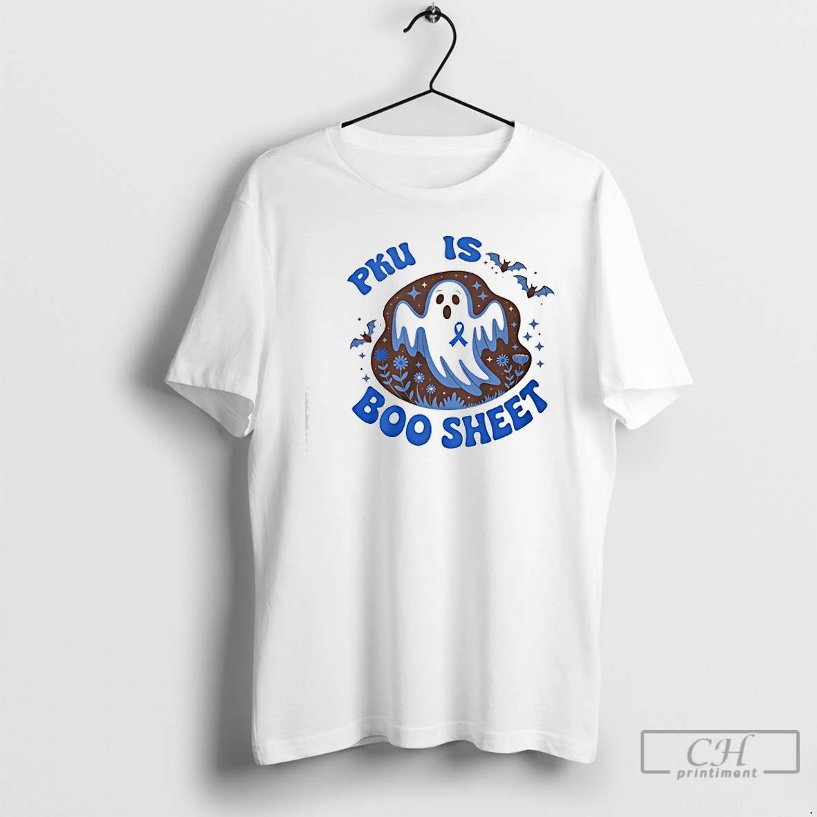 Classic Spooky Ghost And Bat Pku Is Boo Sheet Blue Ribbon Halloween T Shirts Sweater