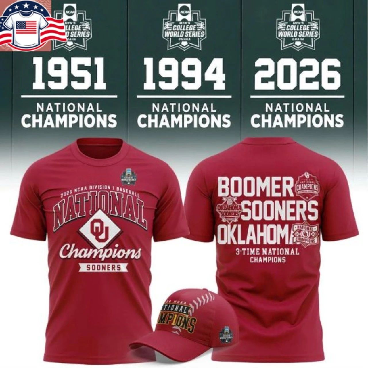 Oklahoma Sooners 2026 3-Time NCAA Baseball National Champions T-Shirt