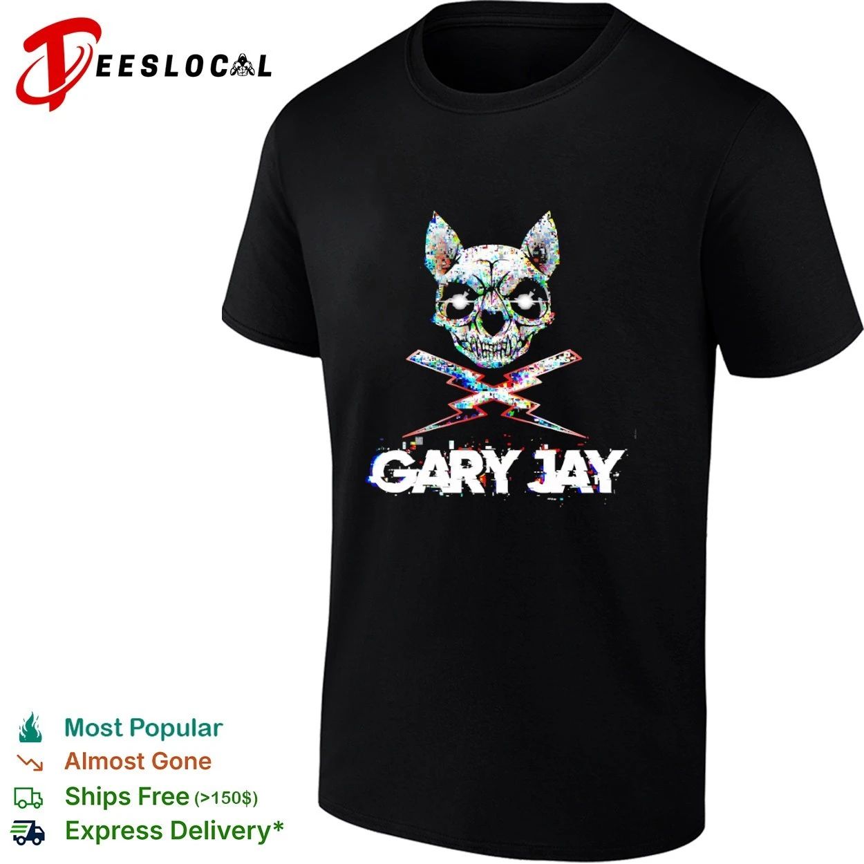 Gary Jay Glitch Skull Lightning Edgy T-shirt