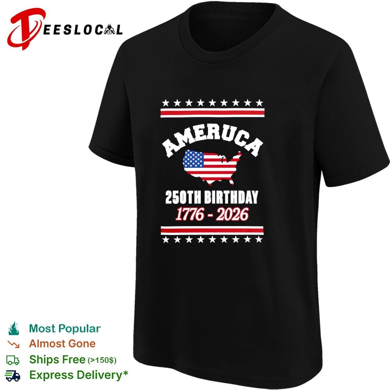 Ameruca 250th Birthday 1776-2026 US Map Flag T-shirt