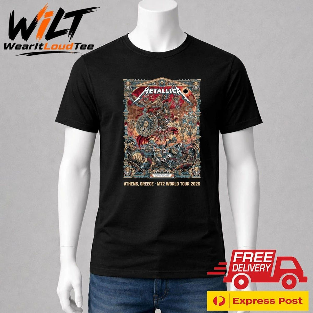 Metallica at Olympic Stadium in Athens, Greece, on May 9, 2026, on the M72 World Tour Shirt
