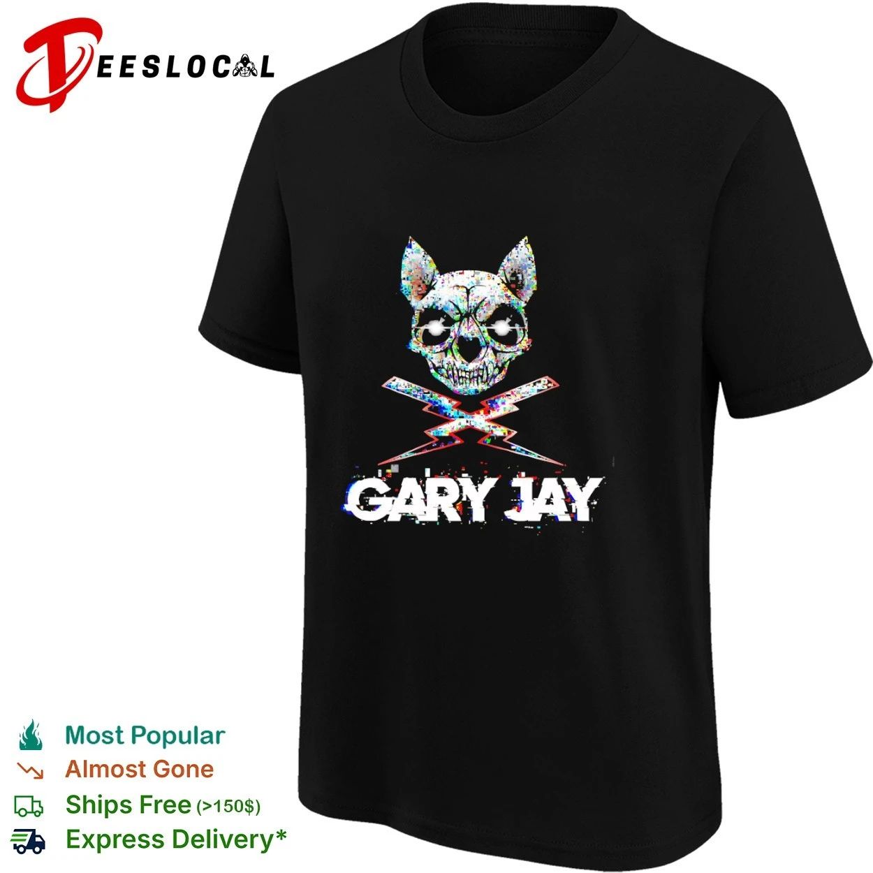 Gary Jay Glitch Skull Lightning Edgy T-shirt