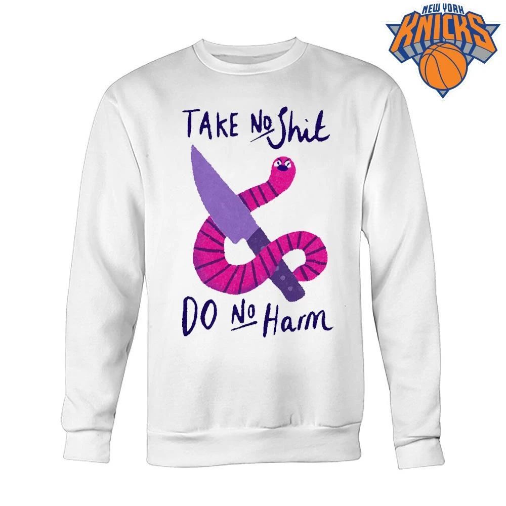 Take No Shit Do No Harm Cute Pink Worm Holding Knife Funny Aesthetic Mental Health Quote shirt