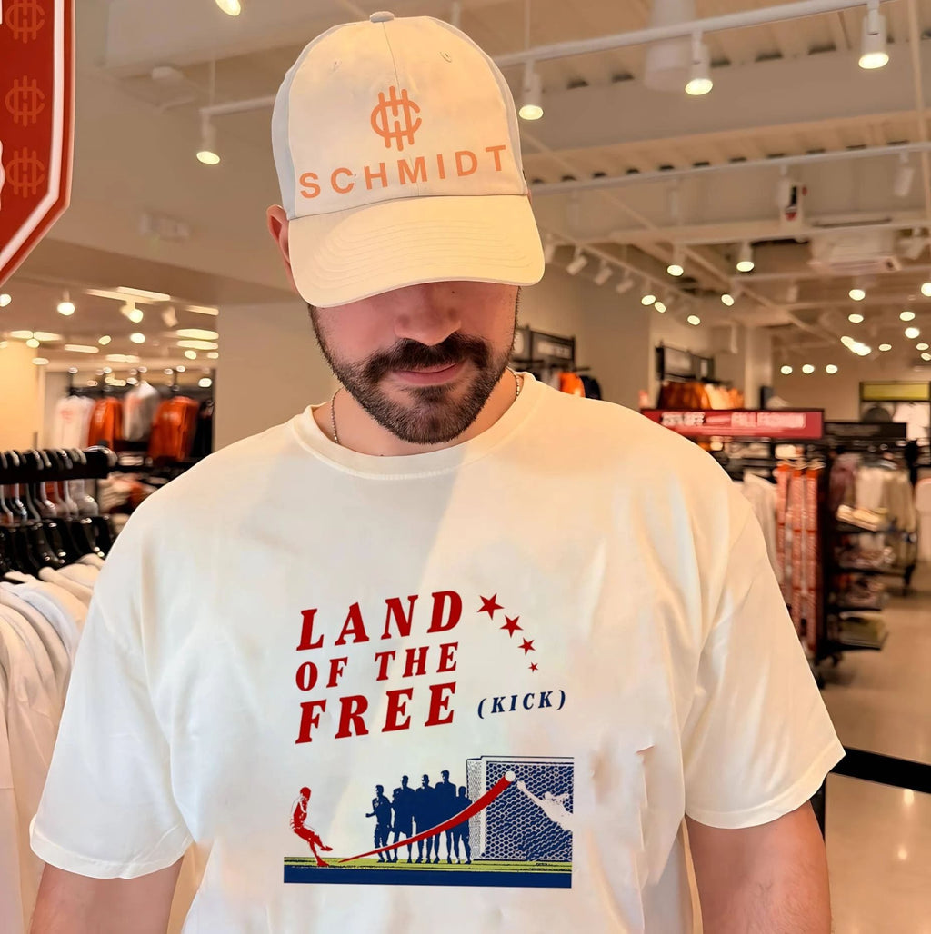 Land of the free kick soccer players graphic shirt