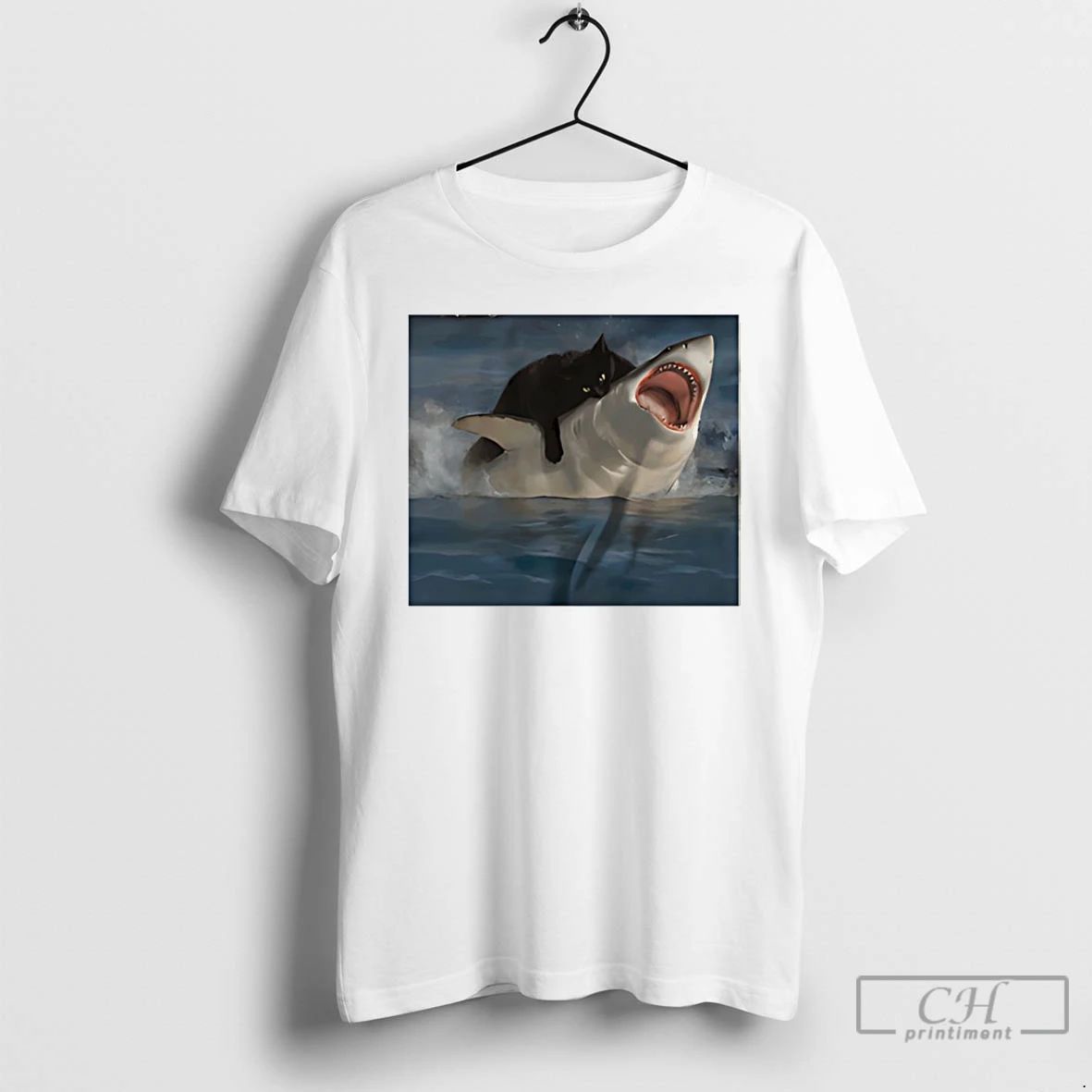 Classic Black Cat Biting Shark Funny