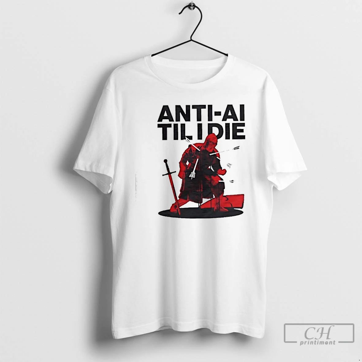 Classic Anti Ai Til I Die Medieval Warrior Kneeling With Sword And Arrows T Shirts
