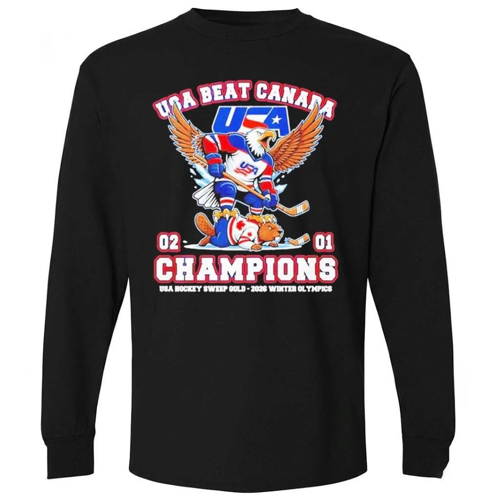 USA beat Canada 2-1 Champions USA Hockey Sweep Gold 2026 Winter Olympics Masot Shirt