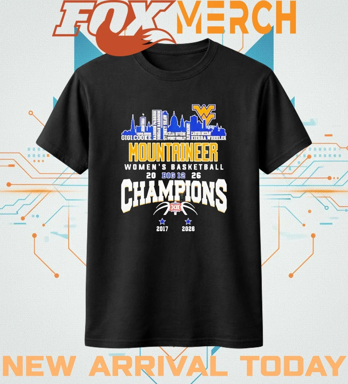 West Virginia Mountaineers Women’s Basketball Champions 2026 player names city skyline t-shirt