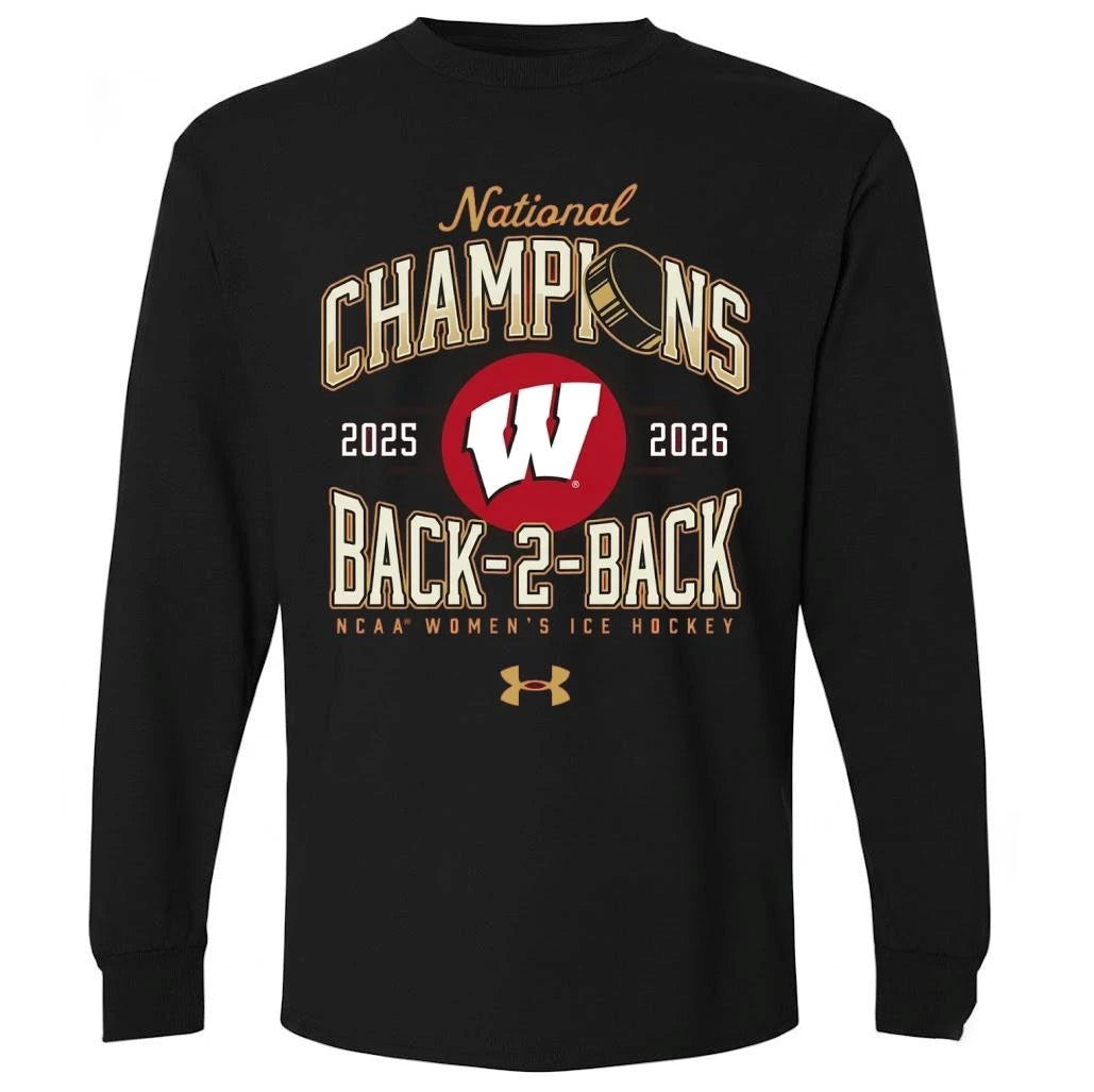 Wisconsin Badgers 2026 Women’s Ice Hockey National Champions Back-To-Back Shirt
