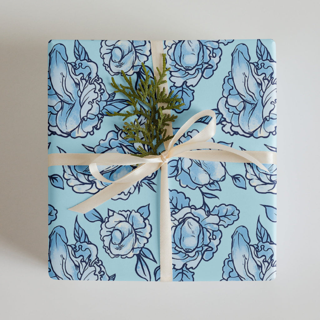Floral Penis Blue Wrapping Paper Sheets