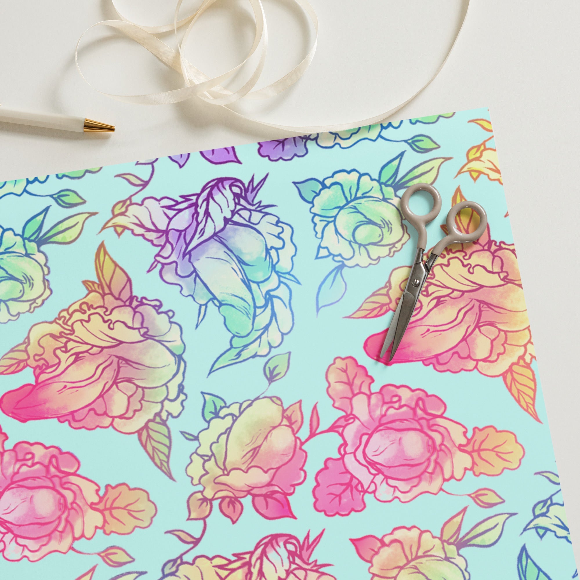 Floral Penis Rainbow Wrapping Paper Sheets