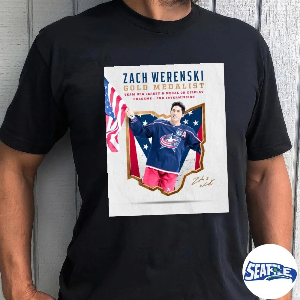 Zach Werenski Gold Medalist Team USA Jersey And Medal On Display Pregame 2nd Intermission Signature Poster shirt