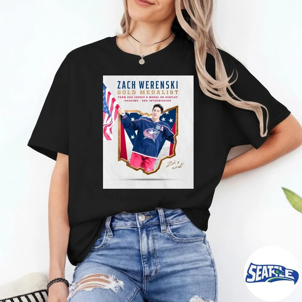 Zach Werenski Gold Medalist Team USA Jersey And Medal On Display Pregame 2nd Intermission Signature Poster shirt