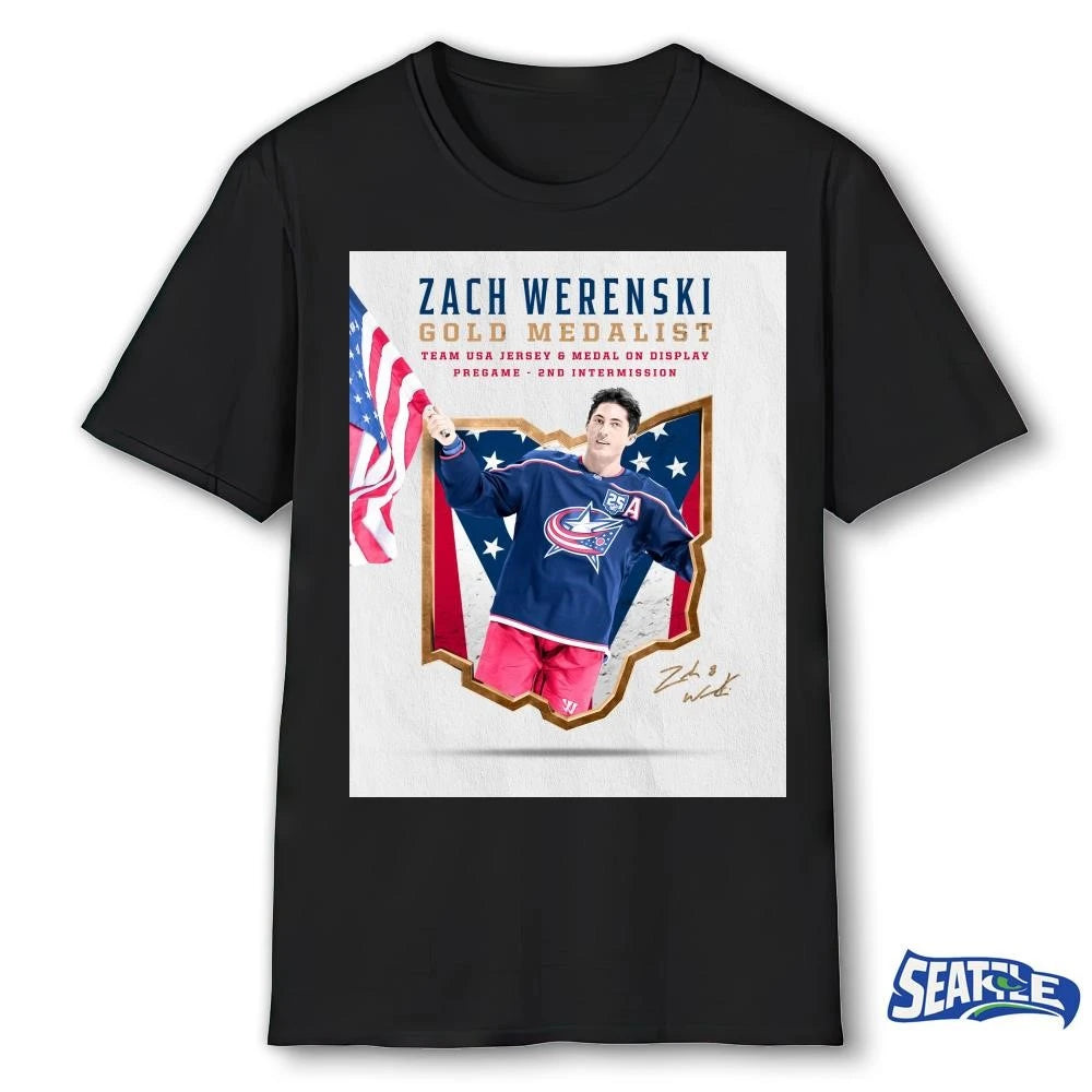 Zach Werenski Gold Medalist Team USA Jersey And Medal On Display Pregame 2nd Intermission Signature Poster shirt
