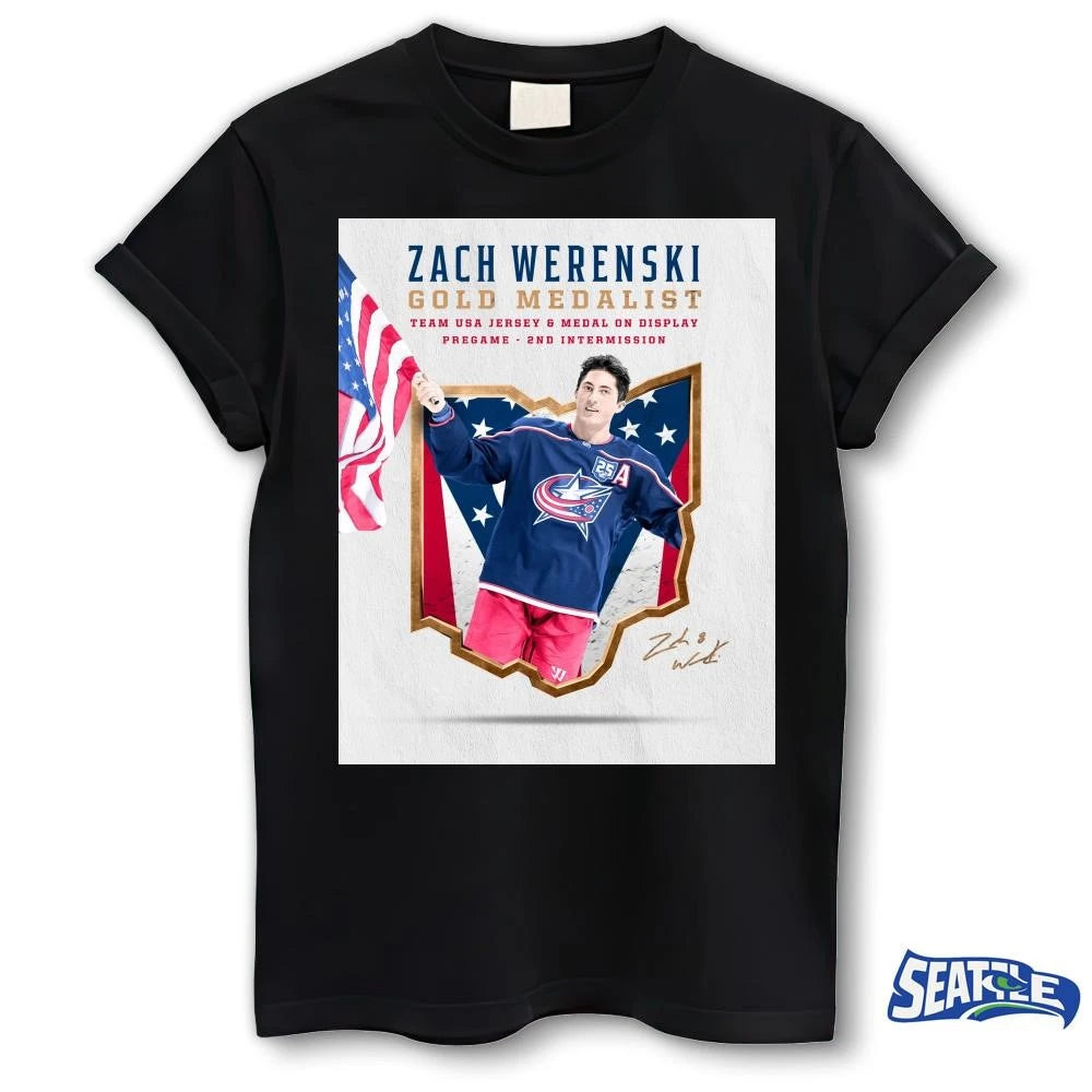 Zach Werenski Gold Medalist Team USA Jersey And Medal On Display Pregame 2nd Intermission Signature Poster shirt